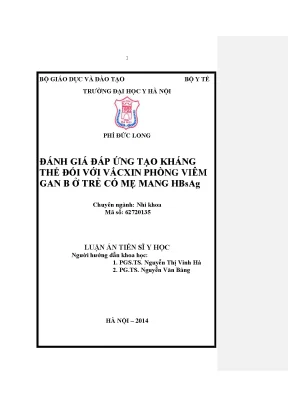 Luận án đánh giá đáp ứng tạo kháng thể đối với vắcxin phõng viêm gan b ở trẻ có mẹ mang hbsag