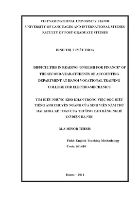 Luận văn thạc sĩ difficulties in reading english for finance of the second year students of accounting department at hanoi vocational training college for electro mechanics