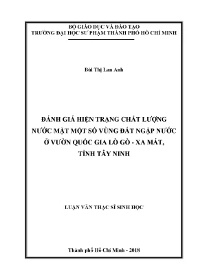 Luận văn thạc sĩ đánh giá hiện trạng chất lượng nước mặt một số vùng đất ngập nước ở vườn quốc gia lò gò xa mát tỉnh tây ninh