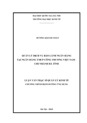 Luận văn thạc sĩ quản lý dịch vụ bảo lãnh tại ngân hàng tmcp công thương việt nam chi nhánh hà tĩnh