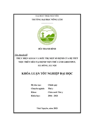 Luận văn tốt nghiệp thực hiện khám và điều trị một số bệnh của hệ niệu trên mèo tại bệnh viện thú cảnh greenpet hà đông hà nội