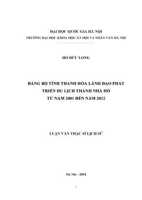 Luận văn thạc sĩ đảng bộ tỉnh thanh hóa lãnh đạo phát triển du lịch thành nhà hồ từ năm 2001 đến năm 2012