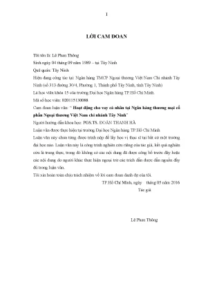 Luận văn thạc sĩ hoạt động cho vay cá nhân tại ngân hàng thương mại cổ phần ngoại thương việt nam chi nhánh tây ninh