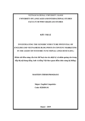 Luận văn thạc sĩ investigating the generic structure potential of english and vietnamese blog posts in content marketing in the light of systemic functional linguistics sfl