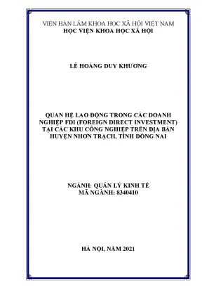 Luận văn thạc sĩ quan hệ lao động trong các doanh nghiệp fdi foreign direct investment tại các khu công nghiệp trên địa bàn huyện nhơn trạch tỉnh đồng nai