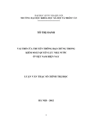 Luận văn thạc sĩ vai trò của truyền thông đại chúng trong kiểm soát quyền lực nhà nước ở việt nam hiện nay