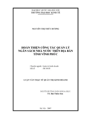 Luận văn thạc sĩ hoàn thiện công tác quản lý ngân sách nhà nước trên địa bàn tỉnh vĩnh phúc