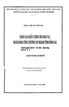 Luận văn thạc sĩ nâng cao chất lượng tín dụng tại ngân hàng công thương chi nhánh tỉnh đồng nai