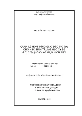 Luận án tiến sĩ quản lý hoạt động giáo dục đạo đức cho học sinh trung học cơ sở ở các xứ đạo công giáo hiện nay