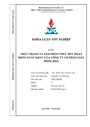 Luận văn tốt nghiệp thực trạng và giải pháp thúc đẩy cho hoạt động xuất khẩu của công ty cổ phần giày hồng bảo