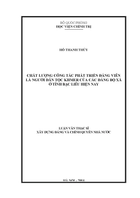 Luận văn thạc sĩ chất lượng công tác phát triển đảng viên là người dân tộc khmer của các đảng bộ xã ở tỉnh bạc liêu hiện nay
