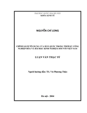 Luận văn thạc sĩ chính sách tín dụng của hàn quốc trong thời kỳ công nghiệp hoá và bài học kinh nghiệm đối với việt nam