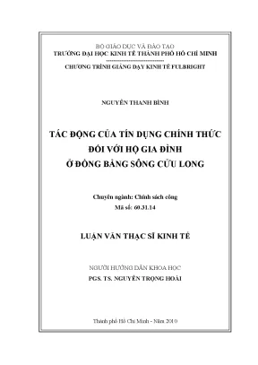 Luận văn thạc sĩ tác động của tín dụng chính thức đối với hộ gia đình ở đồng bằng sông cửu long luận văn thạc sĩ