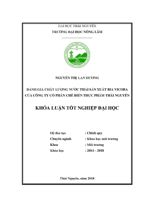 Luận văn tốt nghiệp đánh giá chất lượng nước thải sản xuất bia vicoba của công ty cổ phần chế biến thực phẩm thái nguyên