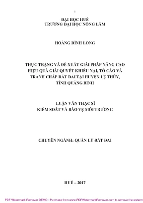 Luận văn thạc sĩ thực trạng và đề xuất giải pháp nâng cao hiệu quả giải quyết khiếu nại tố cáo và tranh chấp đất đai tại huyện lệ thủy tỉnh quảng bình