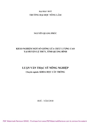 Luận văn thạc sĩ khảo nghiệm một số giống lúa chất lượng cao tại huyện lệ thủy tỉnh quảng bình
