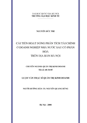 Luận văn thạc sĩ cải tiến hoạt động phân tích tài chính ở doanh nghiệp nhà nước sau cổ phần hóa trên địa bàn hà nội