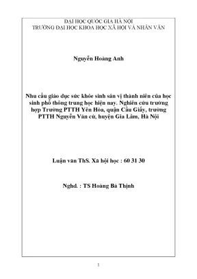 Luận văn thạc sĩ nhu cầu giáo dục sức khỏe sinh sản vị thành niên của học sinh phổ thông trung học hiện nay nghiên cứu trường hợp trường ptth yên hòa quận cầu giấy