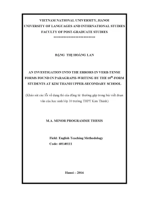 Luận văn thạc sĩ an investigation into the errors in verb tense forms found in paragraph writing by the 10th form students at kim thanh upper secondary school