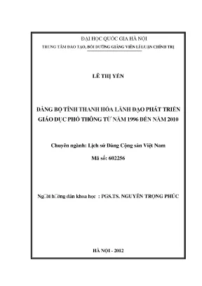 Luận văn thạc sĩ đảng bộ tỉnh thanh hóa lãnh đạo phát giáo dục phổ thông từ năm 1996 đến năm 2010