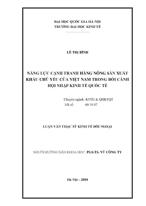 Luận văn thạc sĩ năng lực cạnh tranh một số mặt hàng nông sản xuất khẩu chủ yếu của việt nam trong bối cảnh hội nhập kinh tế quốc tế
