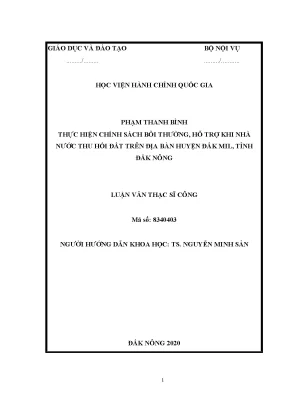 Luận văn thạc sĩ thực hiện chính sách bồi thường hỗ trợ khi nhà nước thu hồi đất trên địa bàn huyện đắk mil tỉnh đắk nông