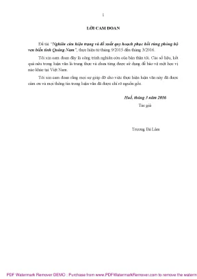 Luận văn thạc sĩ nghiên cứu hiện trạng và đề xuất quy hoạch phục hồi rừng phòng hộ ven biển tỉnh quảng nam