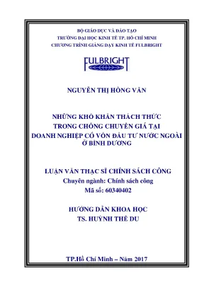 Luận văn thạc sĩ những khó khăn thách thức trong chống chuyển giá tại doanh nghiệp có vốn đầu tư nước ngoài ở bình dương