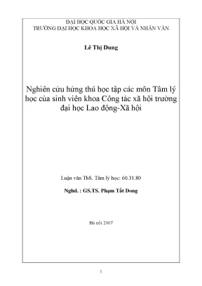 Luận văn thạc sĩ nghiên cứu hứng thú học các môn tâm lý học của sinh viên khoa công tác xã hội trường đại học lao động xã hội