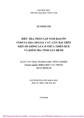 Luận văn thạc sĩ điều tra phân lập nấm đạo ôn pyricularia oryzae cav gây hại trên một số giống lúa ở thừa thiên huế và kiểm tra tính gây bệnh