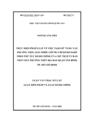 Luận văn thạc sĩ về việc tạm giữ tang vật phương tiện giấy phép chứng chỉ hành nghề theo thủ tục hành chính của chủ tịch ủy ban nhân dân phường trên địa bàn quận tân bình thành phố hồ chí minh