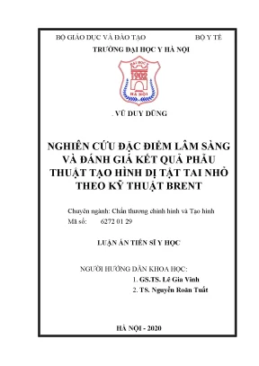 Luận án tiến sĩ nghiên cứu đặc điểm lâm sàng và đánh giá kết quả phẫu thuật tạo hình dị tật tai nhỏ theo kỹ thuật brent