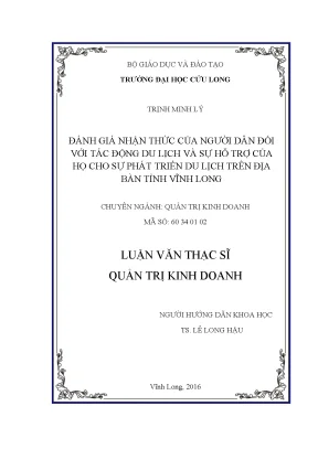 Luận văn thạc sĩ đánh giá nhận thức của người dân đối với tác động du lịch và sự hỗ trợ của người dân cho sự phát triển du lịch trên địa bàn tỉnh vĩnh long