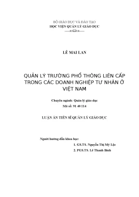 Luận án quản lý trường phổ thông liên cấp trong các doanh nghiệp tư nhân ở việt nam