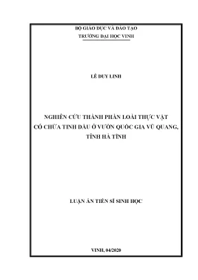 Luận án tiến sĩ nghiên cứu thành phần loài thực vật có chứa tinh dầu ở vườn quốc gia vũ quang tỉnh hà tĩnh