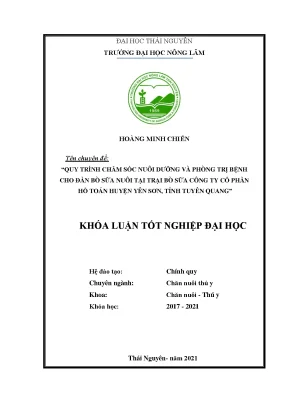 Luận văn tốt nghiệp thực hiện quy trình kỹ thuật chăm sóc nuôi dưỡng và phòng trị bệnh cho đàn bò sữa nuôi tại trại bò sữa công ty hồ toản huyện yên sơn tỉnh tuyên quang
