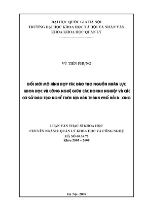 Luận văn thạc sĩ đổi mới mô hình hợp tác đào tạo nguồn nhân lực khoa học và công nghệ giữa các doanh nghiệp và các cơ sở đào tạo nghề trên địa bàn thành phố hải dương