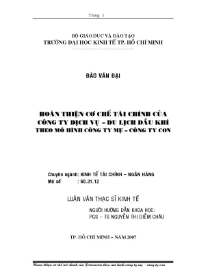 Luận văn thạc sĩ hoàn thiện cơ chế tài chính của công ty dịch vụ du lịch dầu khí theo mô hình công ty mẹ công ty con