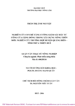 Luận văn thạc sĩ nghiên cứu cơ chế tăng cường giám sát đầu tư công của cộng đồng trong xây dựng nông thôn mới nghiên cứu trường hợp tại huyện quảng điền