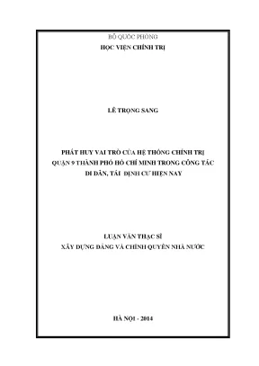 Luận văn thạc sĩ phát huy vai trò của hệ thống chính trị quận 9 thành phố hồ chí minh trong công tác di dân tái định cư hiện nay