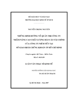 Luận văn thạc sĩ những định hướng về quản trị công ty nhằm nâng cao chất lượng báo cáo tài chính của các công ty niêm yết tại sở giao dịch chứng khoán thành phố hồ chí minh