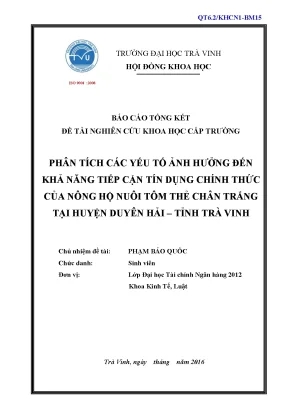 Luận án tiến sĩ phân tích các yếu tố ảnh hưởng đến khả năng tiếp cận tín dụng chính thức của nông hộ nuôi tôm thẻ chân trắng tại huyện duyên hải tỉnh trà vinh