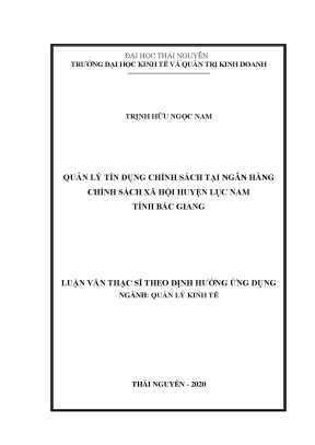 Luận văn thạc sĩ quản lý kinh tế quản lý tín dụng chính sách tại ngân hàng chính sách xã hội huyện lục nam tỉnh bắc giang