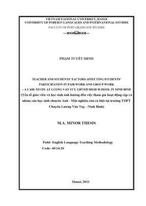 Luận văn thạc sĩ teacher and students factors affecting students participation in pair work and group work a case study at luong van tuy gifted high school in ninhbinh