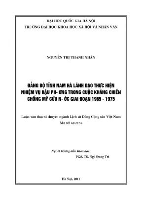 Luận văn thạc sĩ đảng bộ tỉnh hà nam lãnh đạo thực hiện nhiệm vụ hậu phương trong cuộc kháng chiến chống mỹ cứu nước giai đoạn 1965 1975