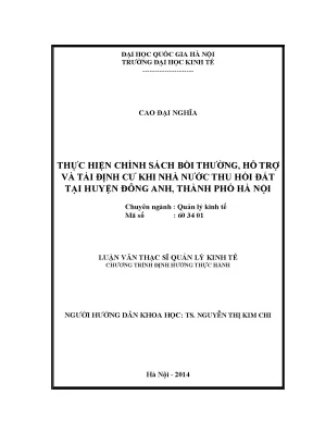 Luận văn thạc sĩ thực hiện chính sách bồi thường hỗ trợ và tái định cư khi nhà nước thu hồi đất tại huyện đông anh thành phố hà nội