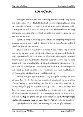 Luận văn tốt nghiệp kế toán tập hợp chi phí và tính giá thành sản phẩm xây lắp trong công ty cổ phần tiếp nhận đầu tư và xây dựng điện hà nội