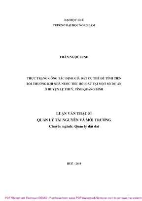 Luận văn thạc sĩ thực trạng công tác định giá đất cụ thể để tính tiền bồi thường khi nhà nước thu hồi đất tại một số dự án ở huyện lệ thủy tỉnh quảng bình