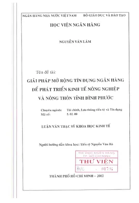 Luận văn thạc sĩ giải pháp mở rộng tín dụng ngân hàng để phát triển kinh tế nông nghiệp và nông thôn tỉnh bình phước