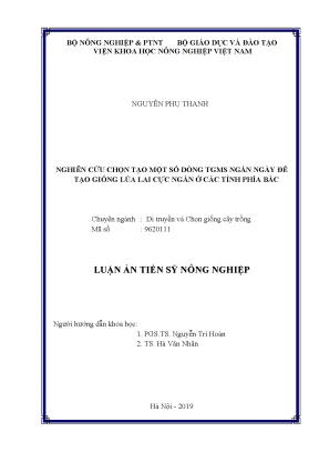 Luận án tiến sĩ nghiên cứu chọn tạo một số dòng tgms ngắn ngày để tạo giống lúa lai cực ngắn ở các tỉnh phía bắc